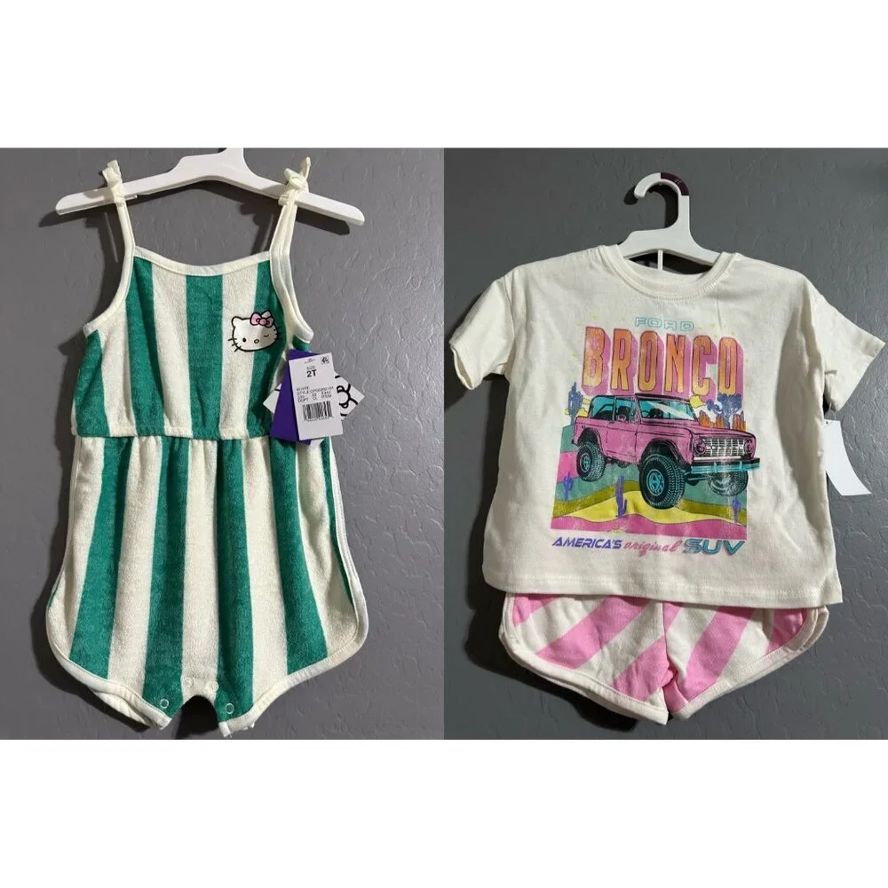Hello Kitty 2T Green & White Striped Romper Ford Bronco Toddler Outfit 2T NWT